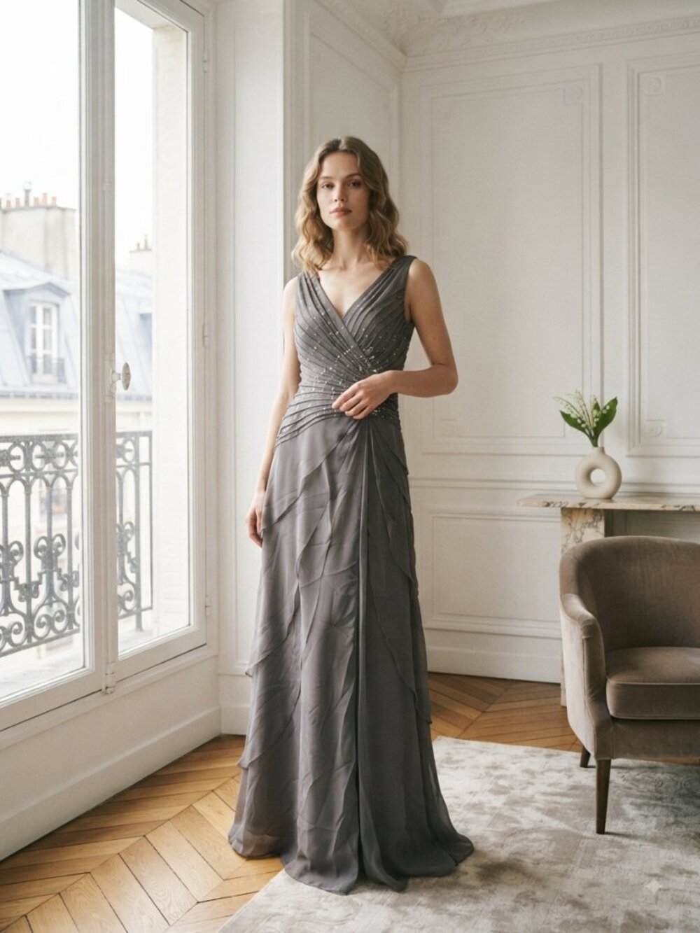 Ignite Evenings Elegant Beaded V-Neck Evening Gown in Charcoal Gray Sz 12